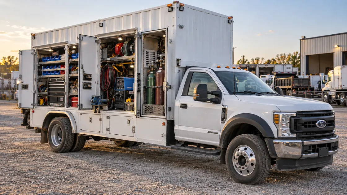 Gabriel Vazquez’s white mobile service truck with open compartments holding tools, hoses and welding equipment.